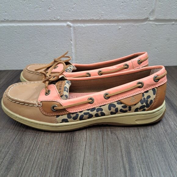 Sperry Moc Style Casual Loafers Womens Tan & Pink Leather Leopard Print Shoes 9M - Picture 3 of 6
